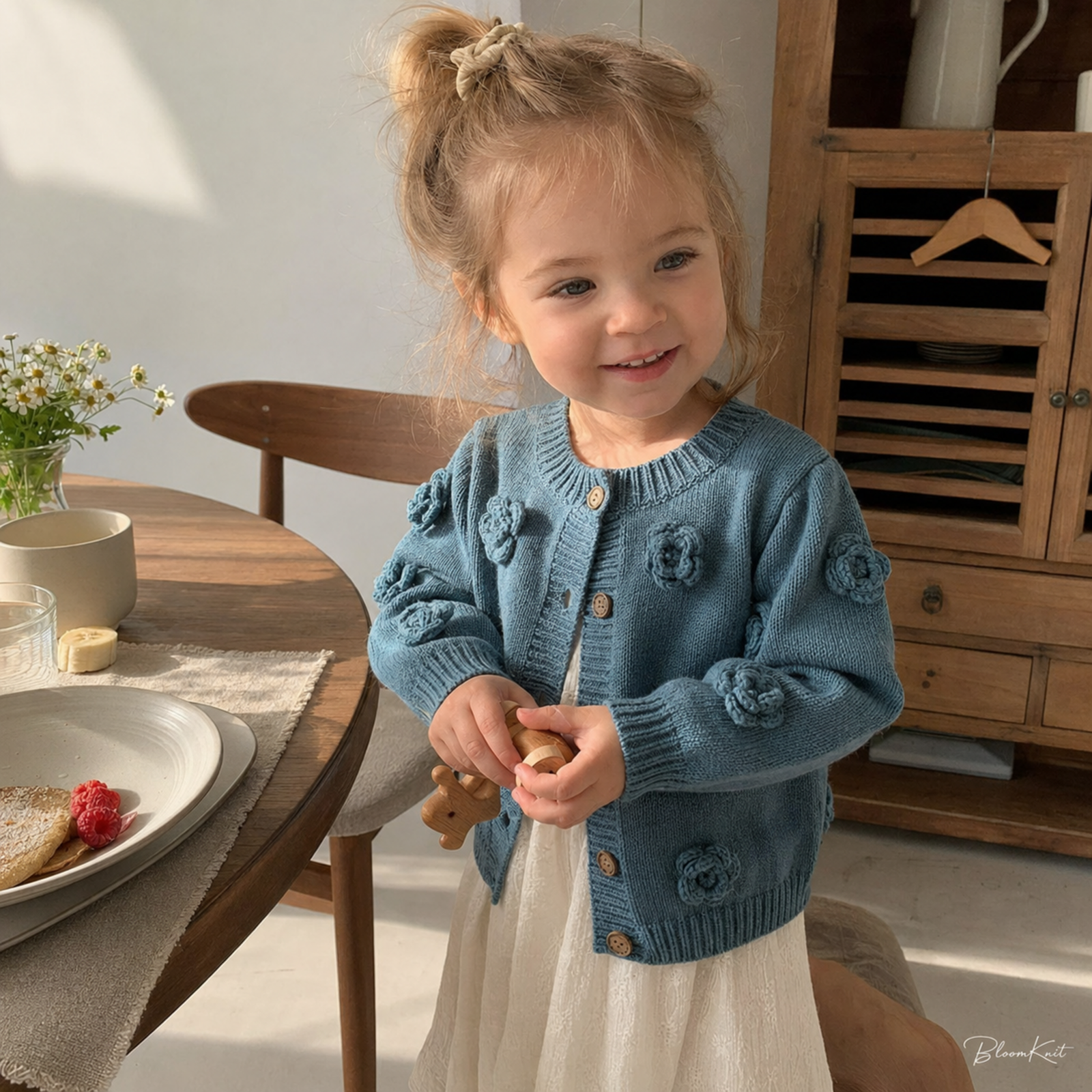 Toddler wearing dusty teal floral cardigan