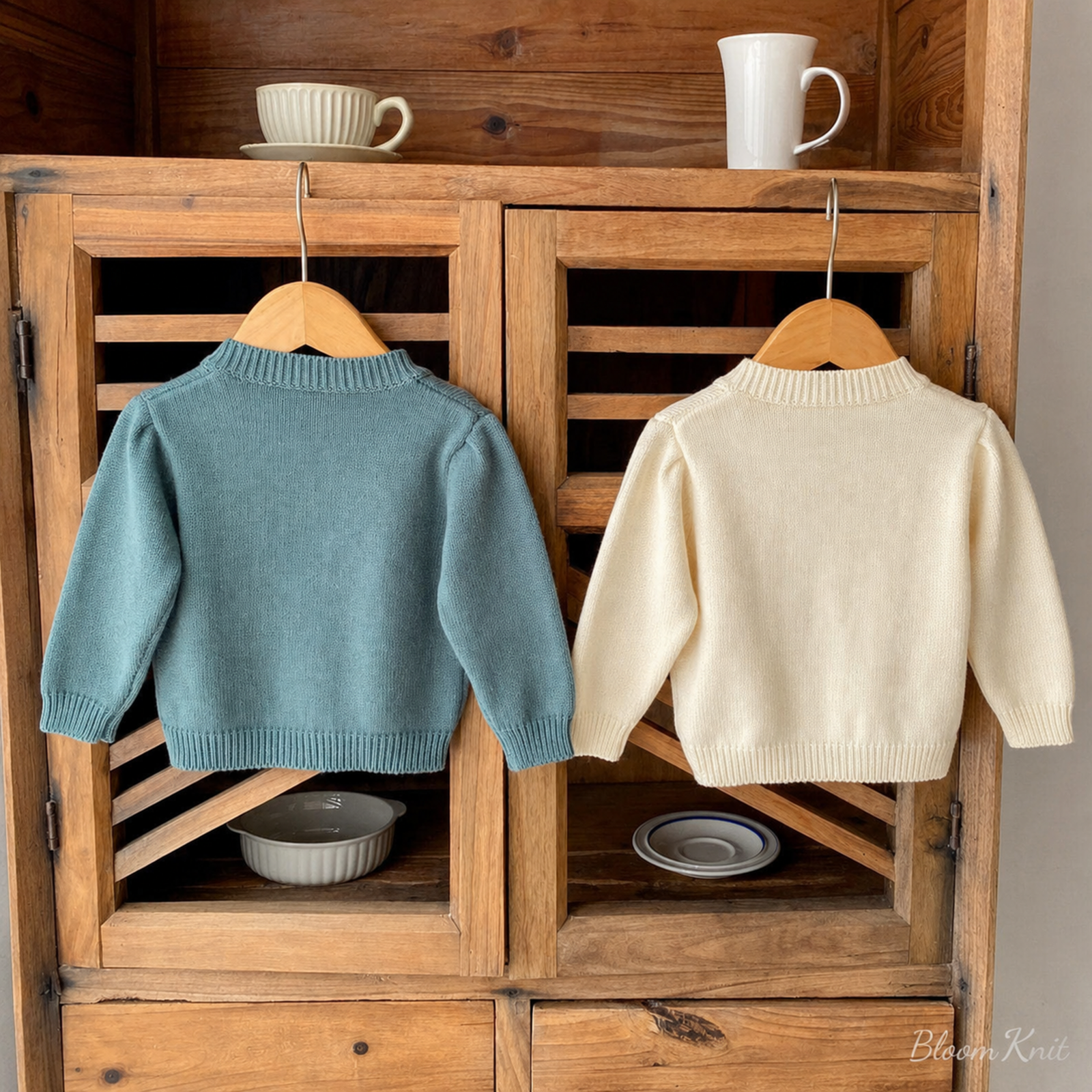 Ivory and teal cardigan back views