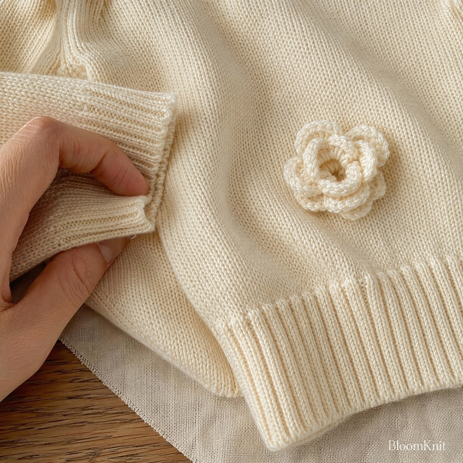 Ivory cardigan cuff and hem detail