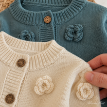Baby Girl Floral Knit Cardigan with 3D Crochet Flowers – Cotton Sweater