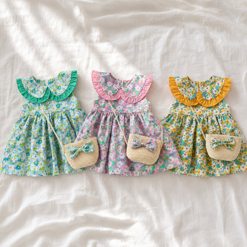 Floral Toddler Dress with Ruffle Peter Pan Collar and Straw Bag Set