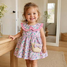 Floral Toddler Dress with Ruffle Peter Pan Collar and Straw Bag Set