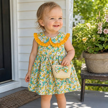 Floral Toddler Dress with Ruffle Peter Pan Collar and Straw Bag Set
