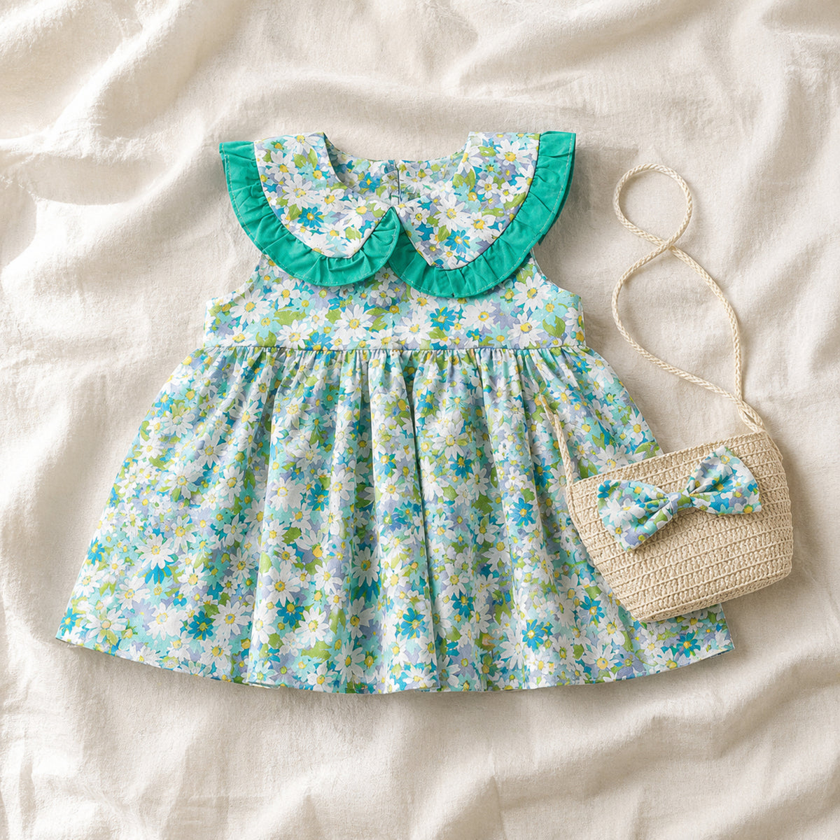 Green floral ruffle collar dress and straw bag set