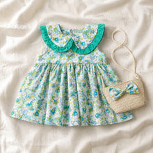 Floral Toddler Dress with Ruffle Peter Pan Collar and Straw Bag Set