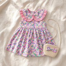 Floral Toddler Dress with Ruffle Peter Pan Collar and Straw Bag Set