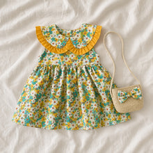 Floral Toddler Dress with Ruffle Peter Pan Collar and Straw Bag Set