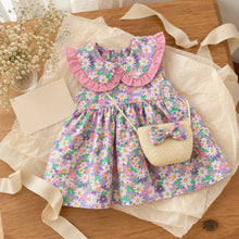 Floral Toddler Dress with Ruffle Peter Pan Collar and Straw Bag Set