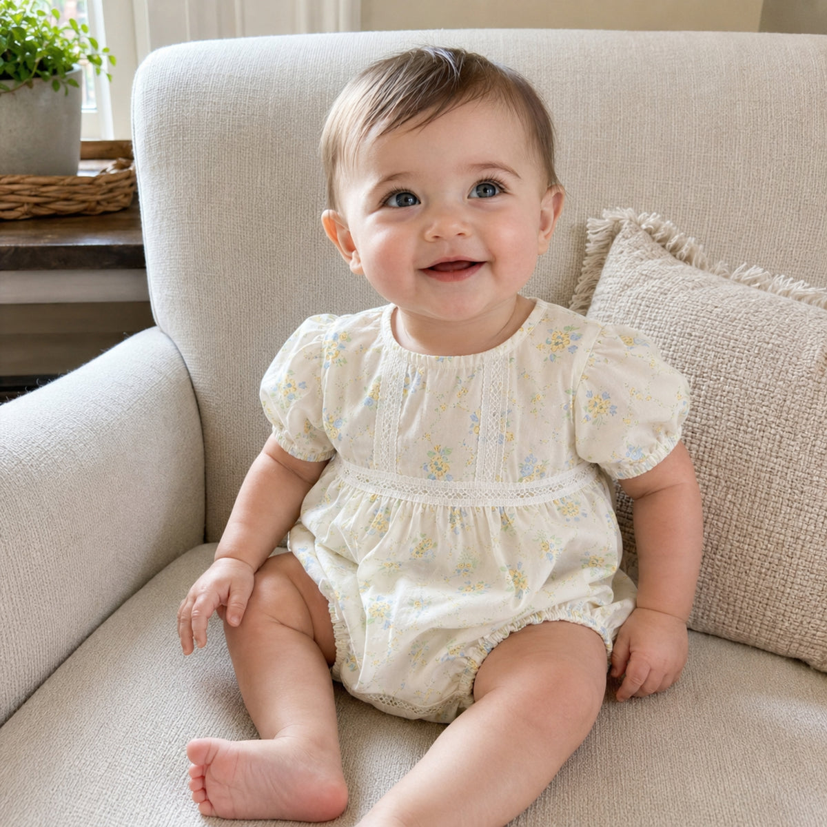 Baby girl wearing ivory floral bubble romper