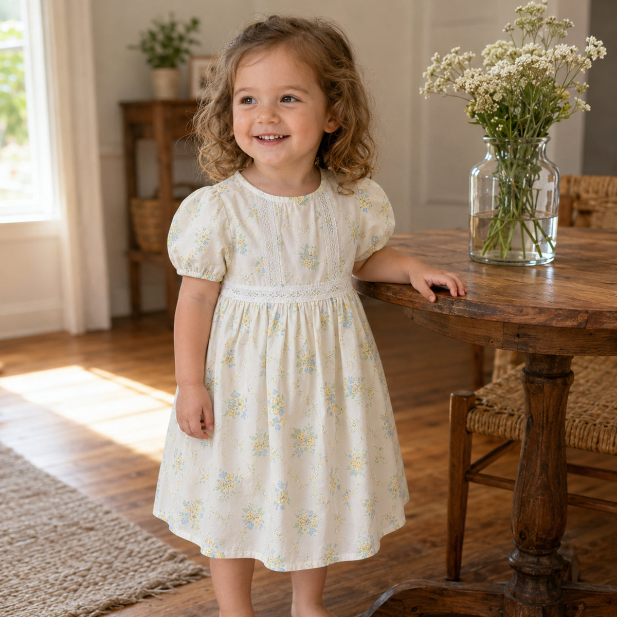 Toddler girl wearing ivory floral puff sleeve dress