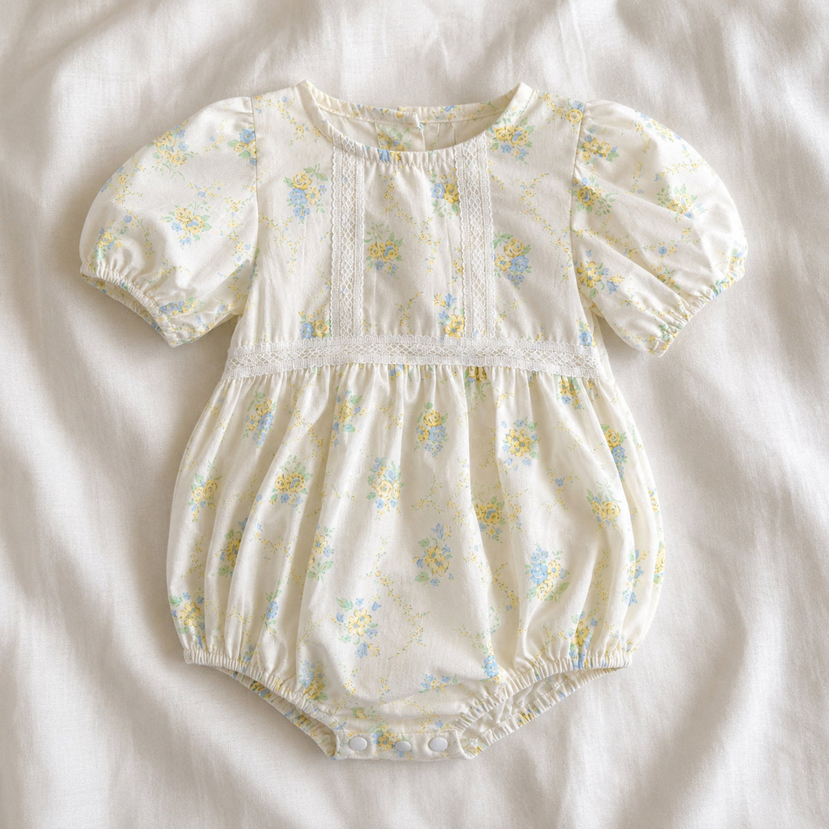 Ivory floral baby bubble romper front view