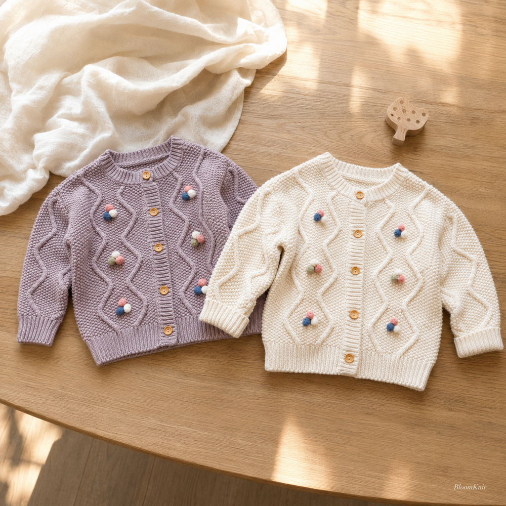 Girls Cable Knit Cardigan with 3D Pom Pom Flowers – Cotton Toddler Sweater