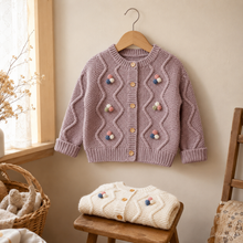 Girls Cable Knit Cardigan with 3D Pom Pom Flowers – Cotton Toddler Sweater