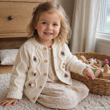 Girls Cable Knit Cardigan with 3D Pom Pom Flowers – Cotton Toddler Sweater