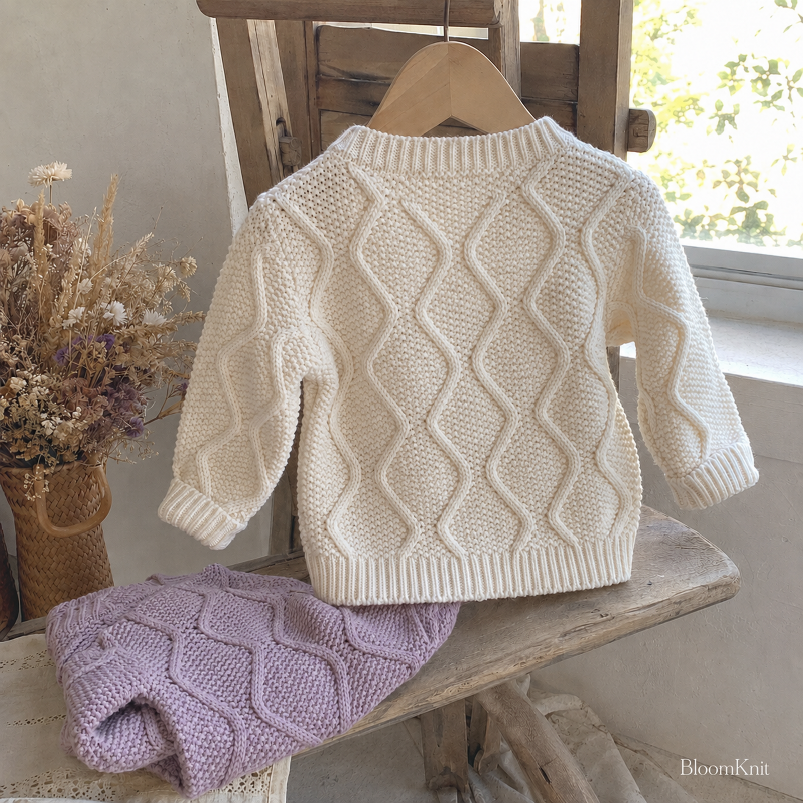 Ivory cable knit cardigan back view