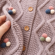Girls Cable Knit Cardigan with 3D Pom Pom Flowers – Cotton Toddler Sweater