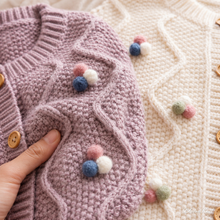 Girls Cable Knit Cardigan with 3D Pom Pom Flowers – Cotton Toddler Sweater