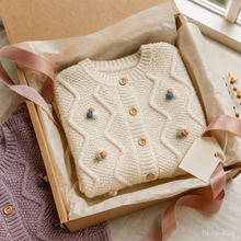 Girls Cable Knit Cardigan with 3D Pom Pom Flowers – Cotton Toddler Sweater
