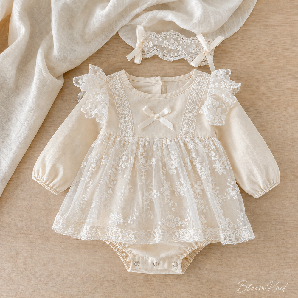 Ivory Lace Baby Romper with Headband & Baby Shower Outfit