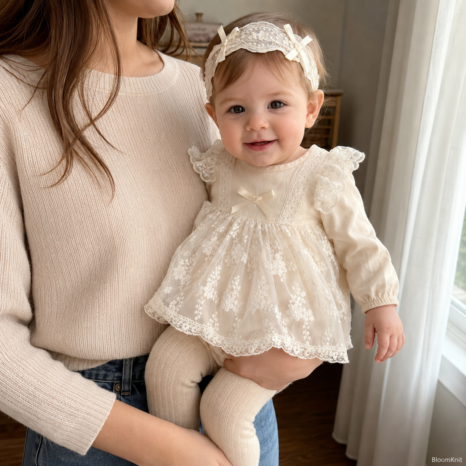 Mother holding baby in ivory lace romper
