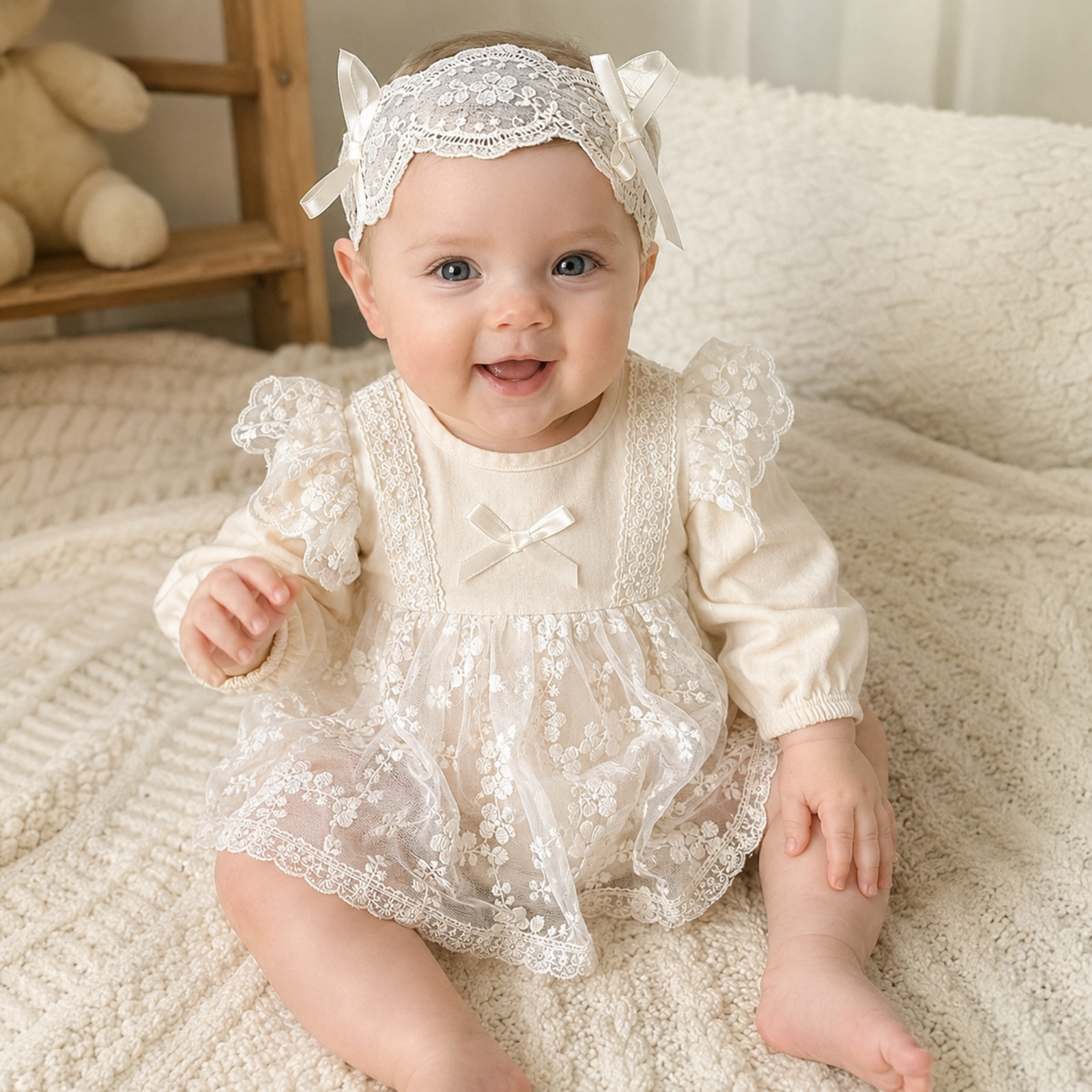 Ivory Lace Baby Romper with Headband – Christening & Baby Shower Outfit worn by baby