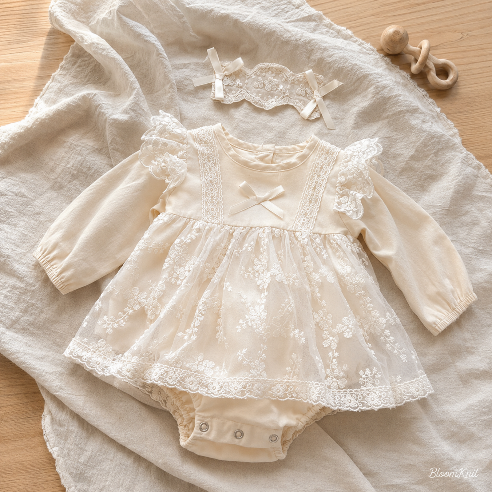 Ivory Lace Baby Romper with Headband – Christening & Baby Shower Outfit natural flat lay