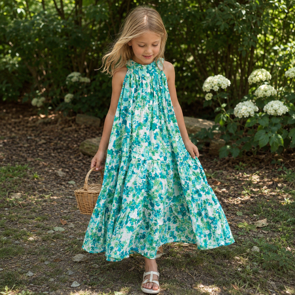 Girls Botanical Cotton Maxi Dress, Emerald Green or Purple Floral
