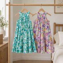 Girls Botanical Cotton Maxi Dress, Emerald Green or Purple Floral