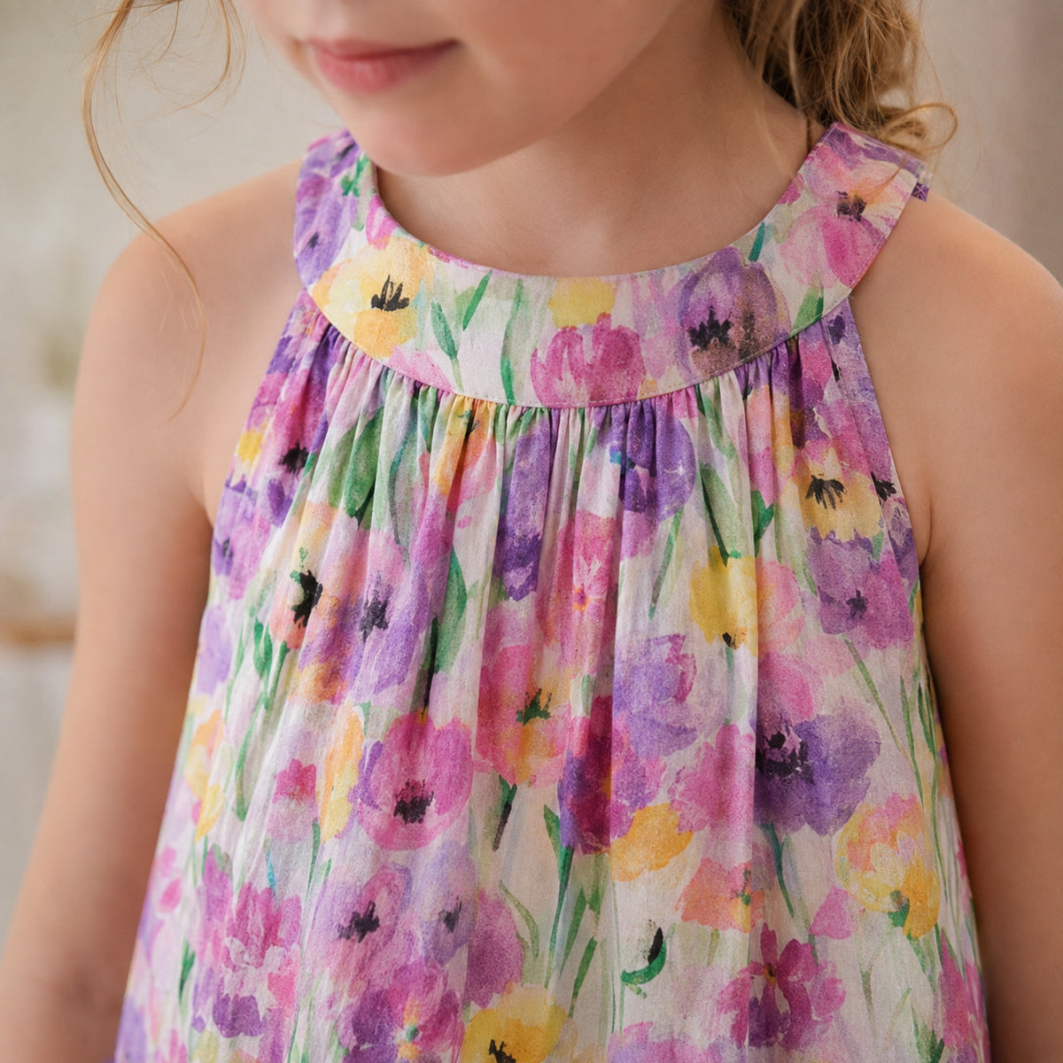 Purple gathered neckline and floral cotton detail
