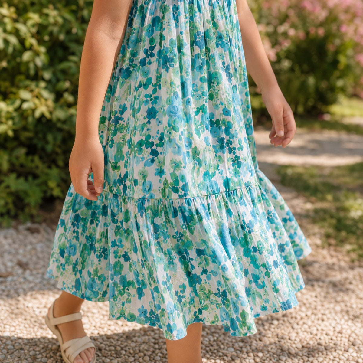 Emerald floral tiered hem and cotton drape