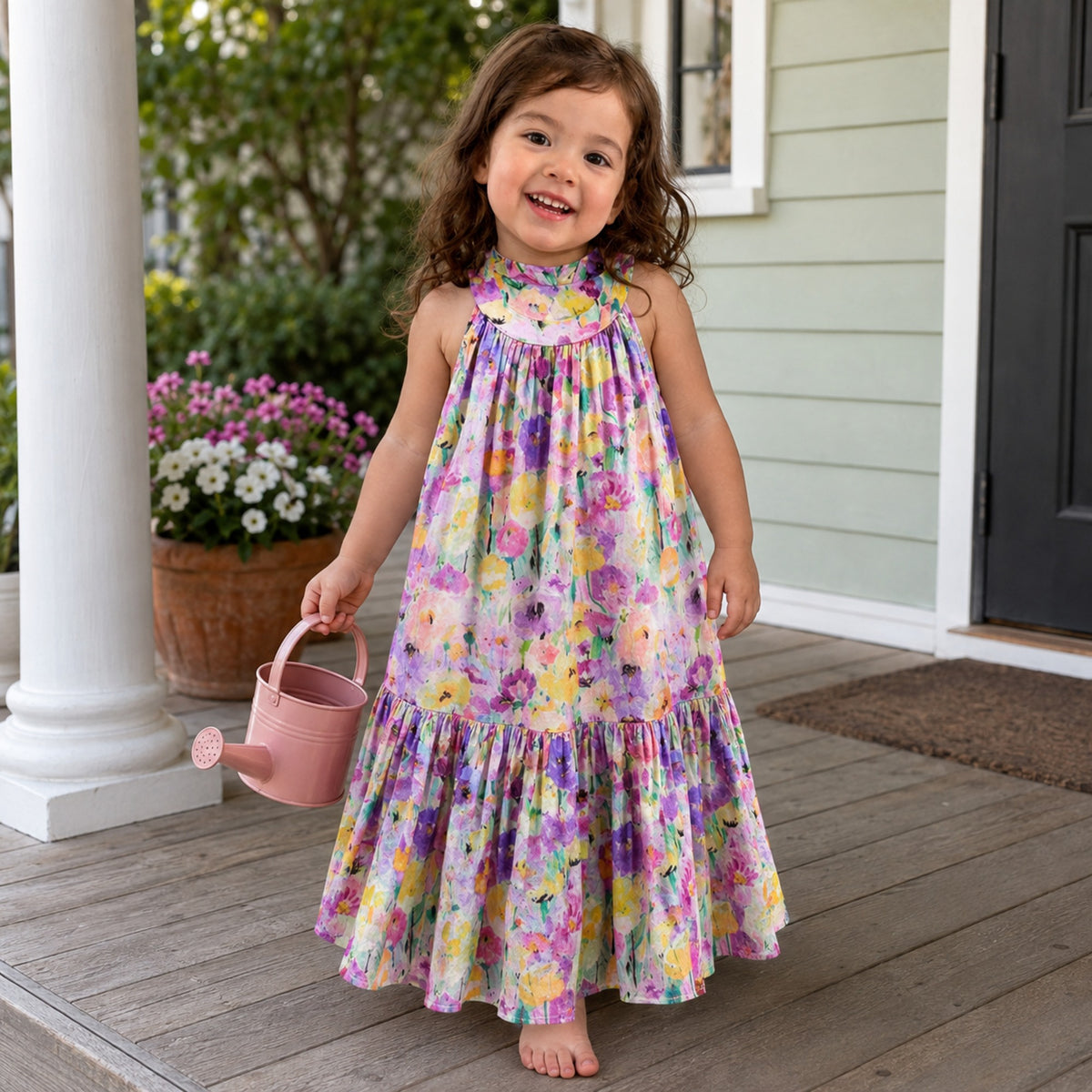 Purple floral maxi dress in an everyday porch scene