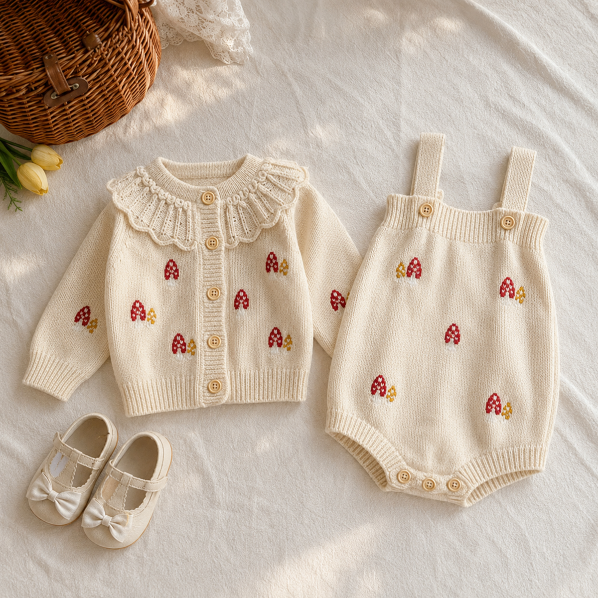 Cardigan and romper shown separately in a warm boutique flat lay