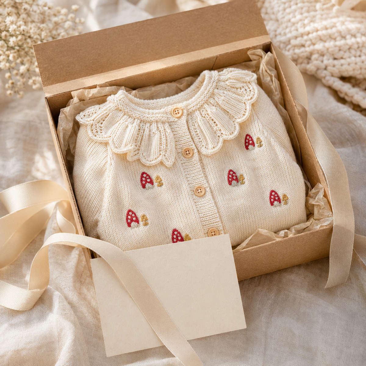 Mushroom knit baby cardigan arranged as a baby shower gift
