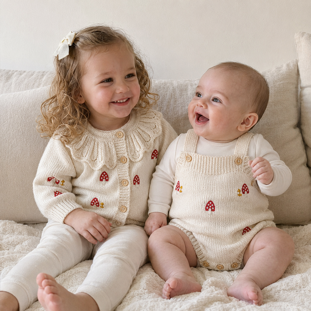 Two children wearing the cardigan and romper styles separately