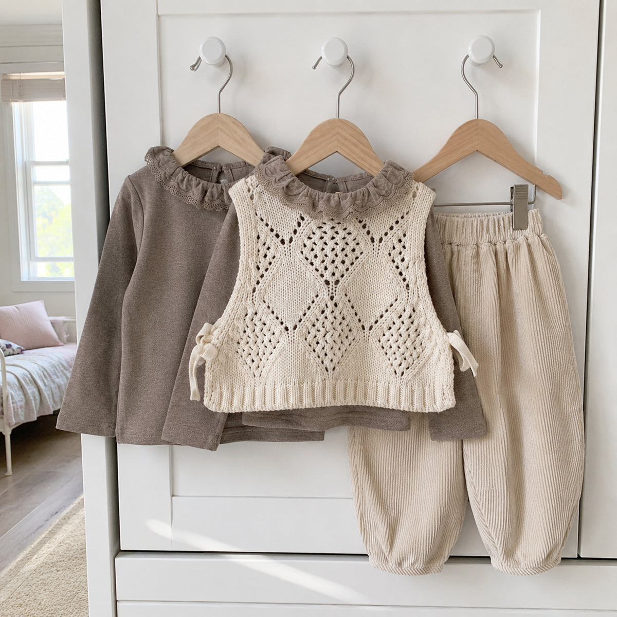 Neutral three-piece girls fall outfit hanging in a bright child bedroom