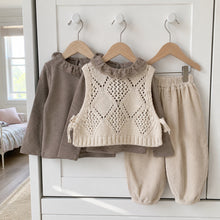 Girls Neutral Knit Vest, Ruffle Top and Corduroy Pants, 3-Piece Fall Outfit