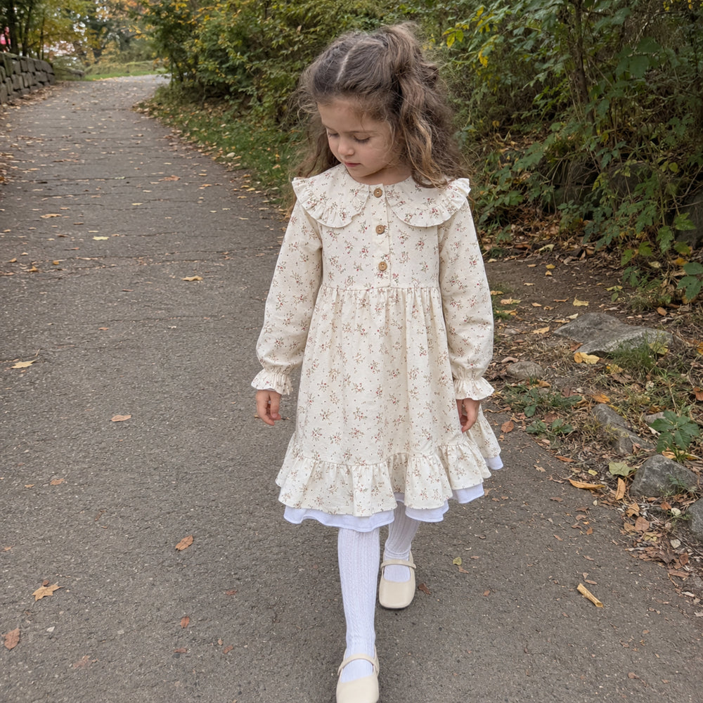 Girls Ivory Ditsy Floral Ruffle Collar Cotton Dress