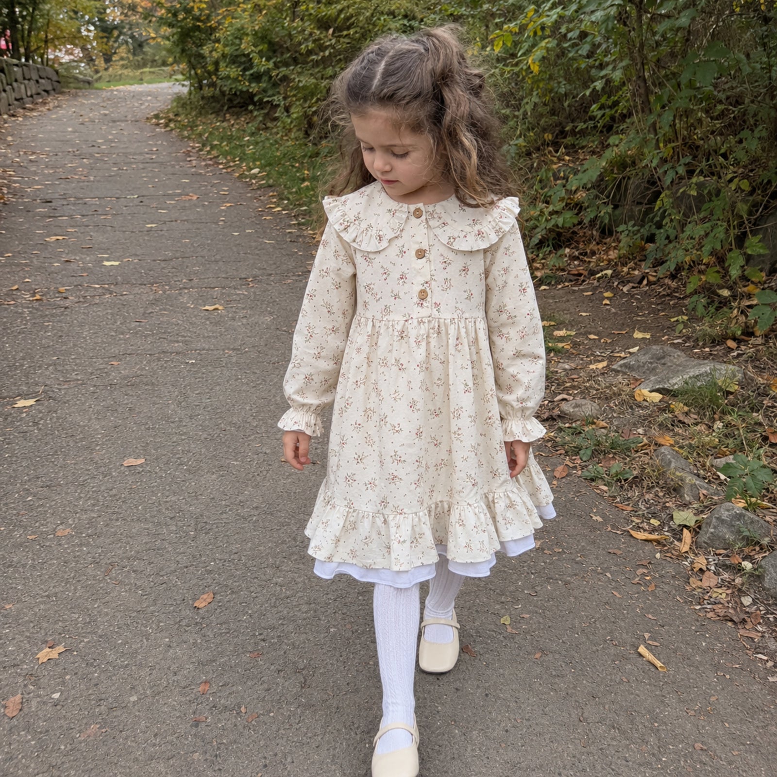 Girls Ivory Ditsy Floral Ruffle Collar Cotton Dress — BloomKnit product photo 1 of 10