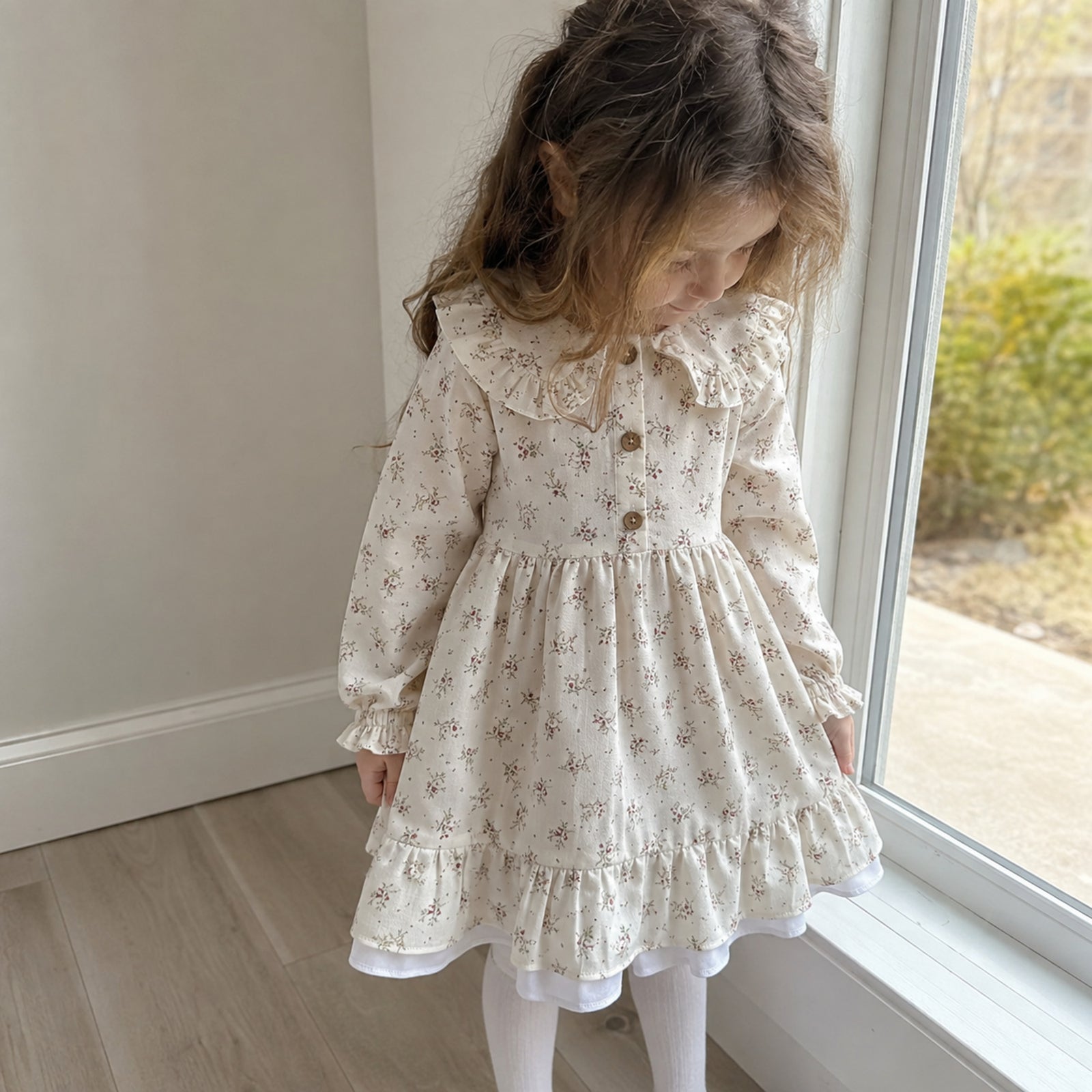 Girls Ivory Ditsy Floral Ruffle Collar Cotton Dress — BloomKnit product photo 2 of 10