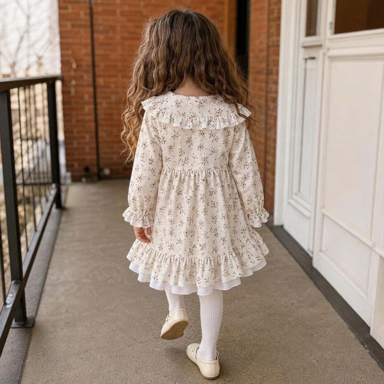 Girls Ivory Ditsy Floral Ruffle Collar Cotton Dress — BloomKnit product photo 4 of 10
