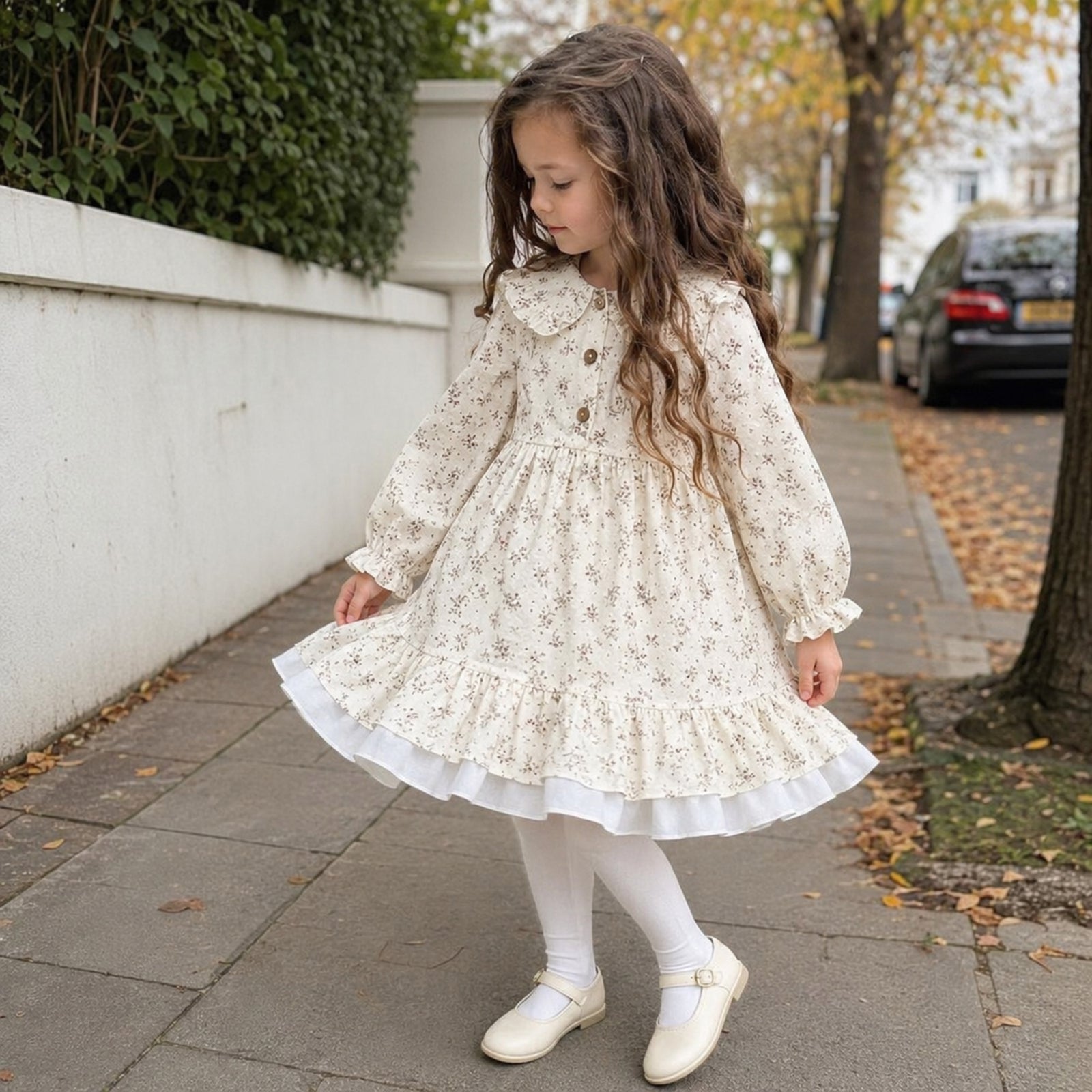 Girls Ivory Ditsy Floral Ruffle Collar Cotton Dress — BloomKnit product photo 7 of 10