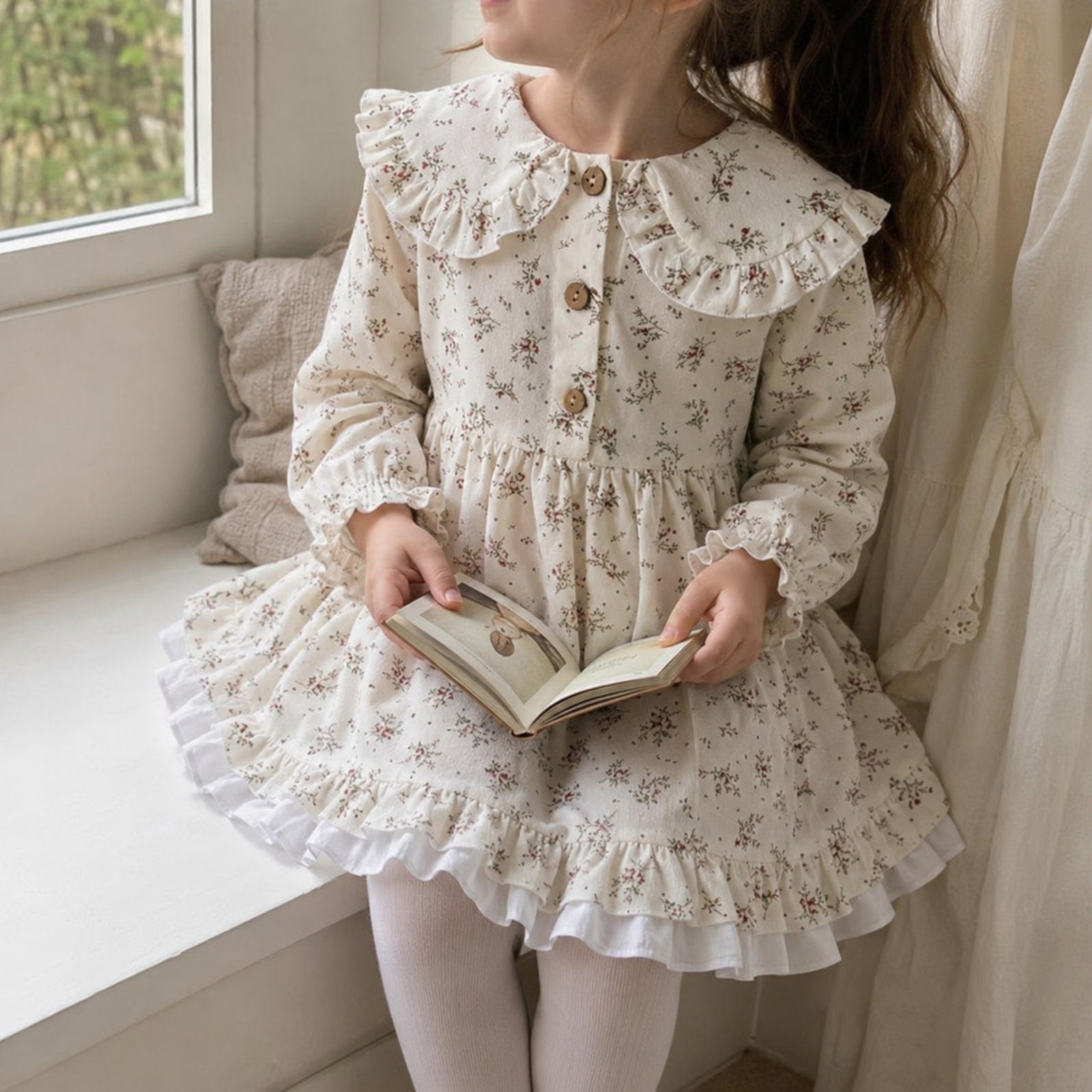 Girls Ivory Ditsy Floral Ruffle Collar Cotton Dress — BloomKnit product photo 10 of 10