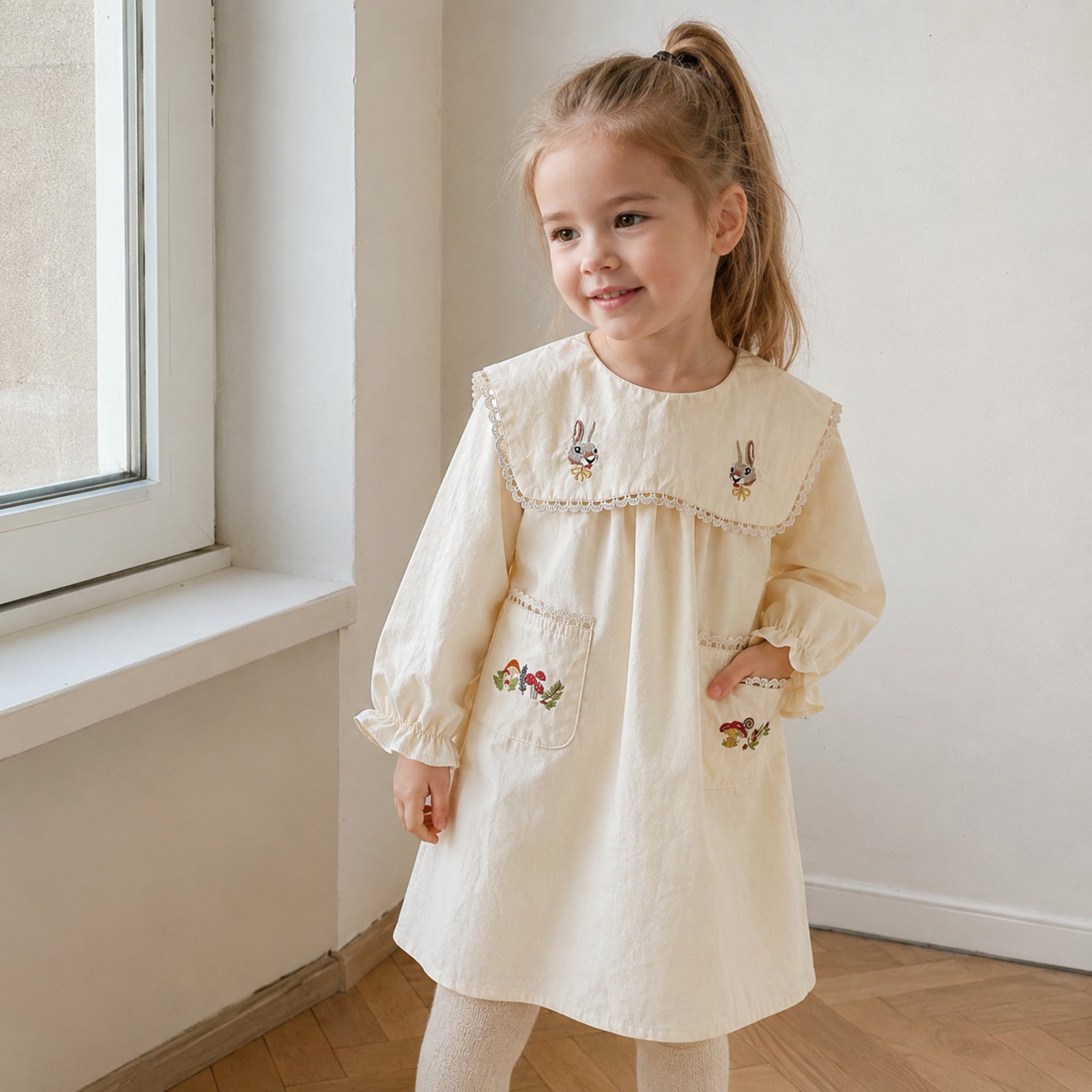 Girls Cream Rabbit Embroidered Cotton Pocket Dress — BloomKnit product photo 2 of 10