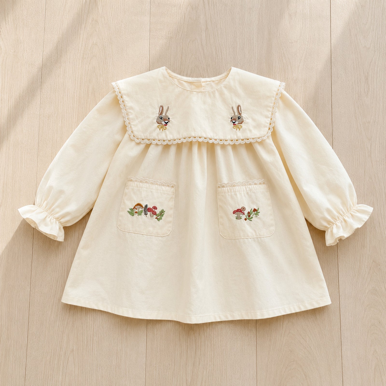 Girls Cream Rabbit Embroidered Cotton Pocket Dress — BloomKnit product photo 3 of 10