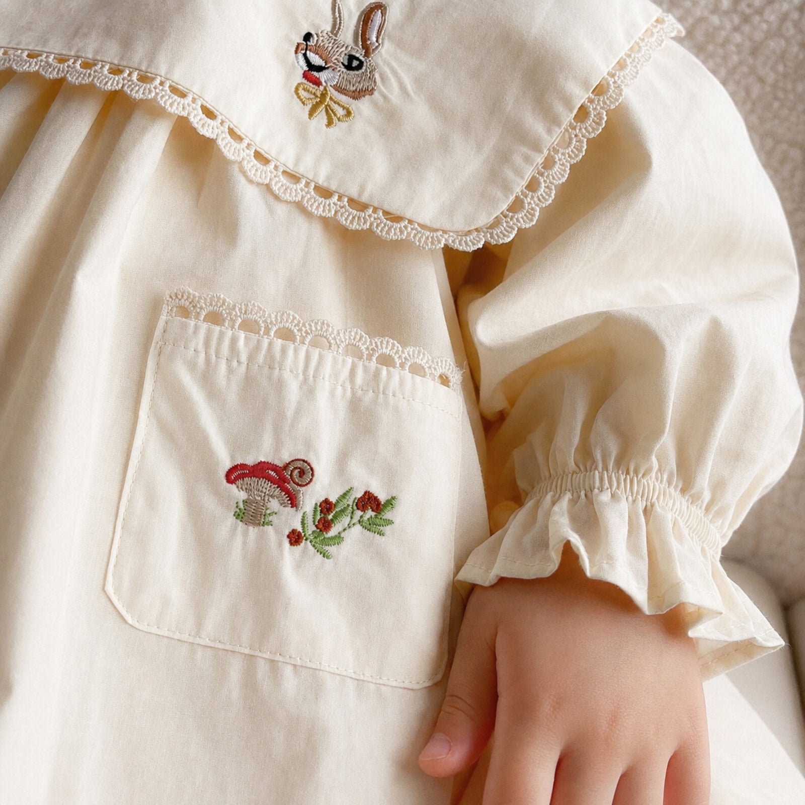 Girls Cream Rabbit Embroidered Cotton Pocket Dress — BloomKnit product photo 6 of 10