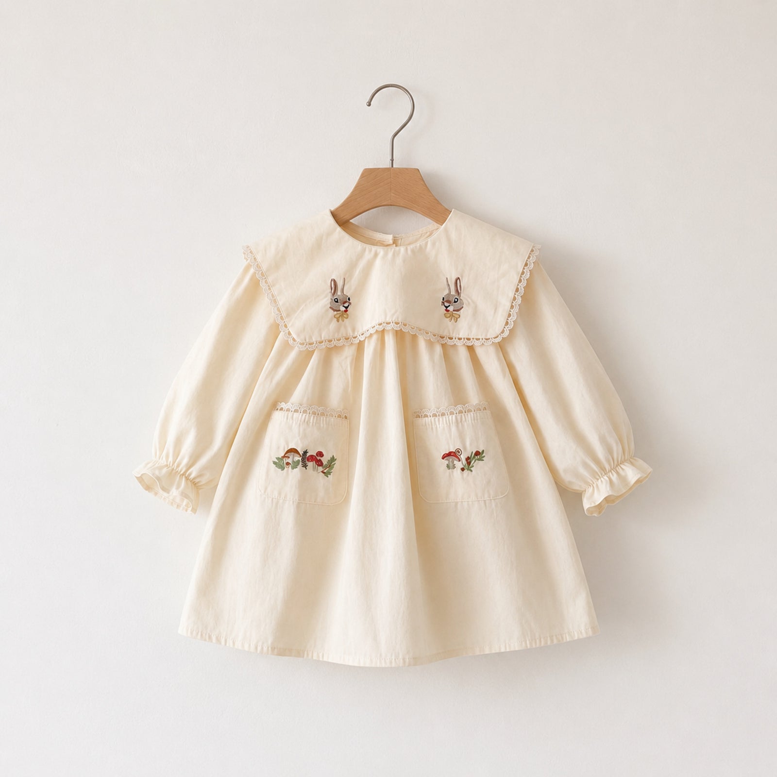 Girls Cream Rabbit Embroidered Cotton Pocket Dress — BloomKnit product photo 8 of 10