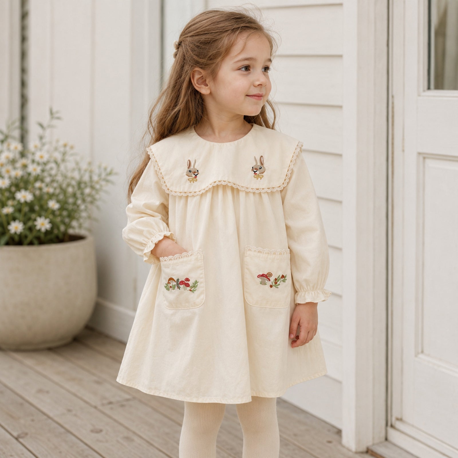Girls Cream Rabbit Embroidered Cotton Pocket Dress — BloomKnit product photo 9 of 10