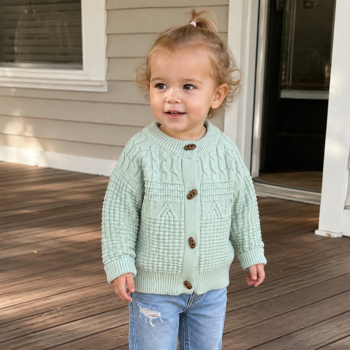 Kids Textured Knit Button Cardigan in Cream, Mint or Mustard — BloomKnit product photo 3 of 10