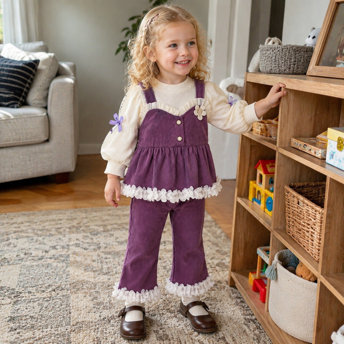 Girl wearing plum lace-trim ruffle top, pinafore and pants set at home