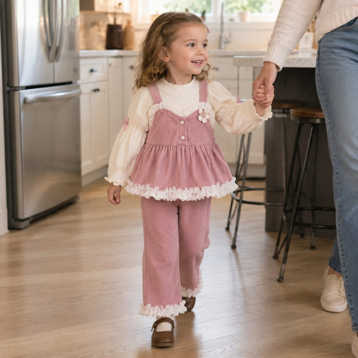 Girl wearing dusty pink lace-trim three-piece set in a family kitchen